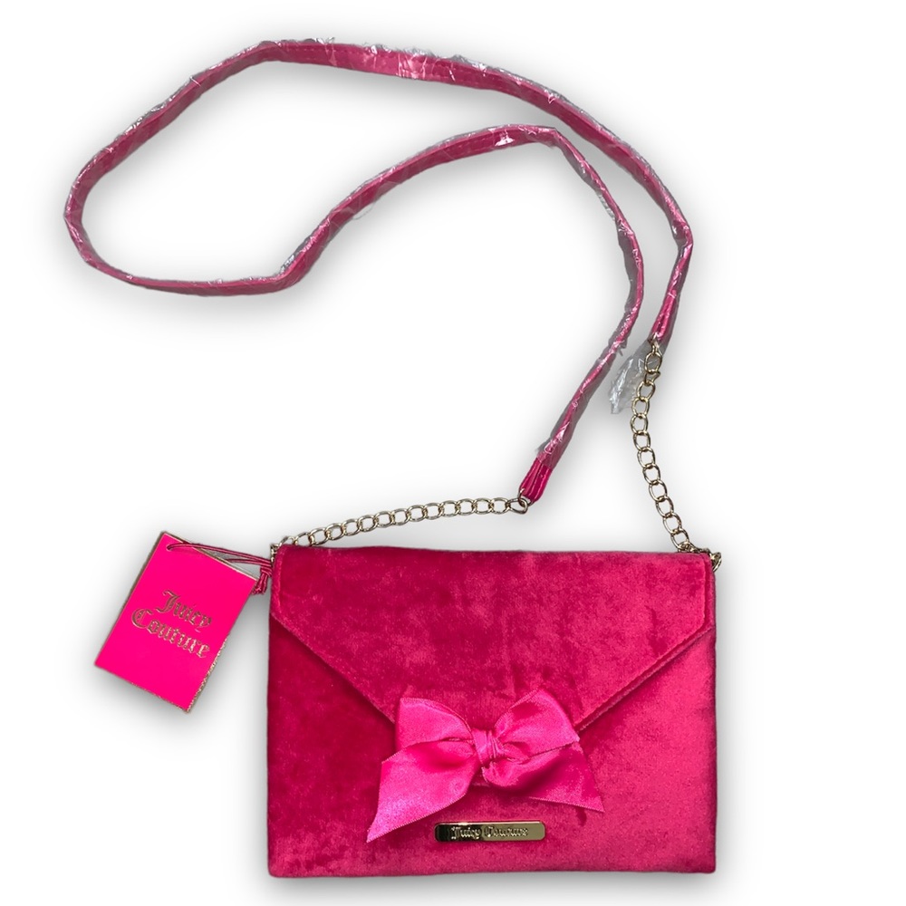 Juicy Couture Y2K Hot Pink Velvet Envelope Crossbody Clutch W/ Bow & Gold Detail